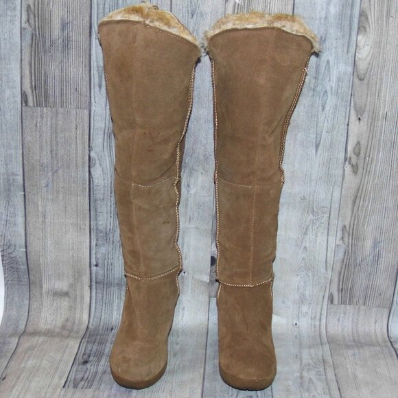 BEARPAW Highland Knee High Chestnut Suede/Sheepskin Wedge Boots Womens Size 8 - Picture 5 of 9